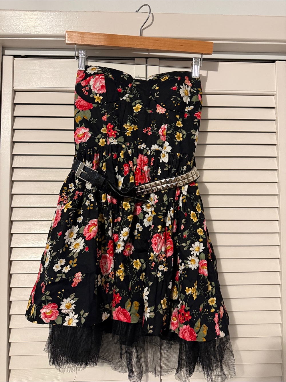 Black Floral Strapless Dress with Tulle Hem
